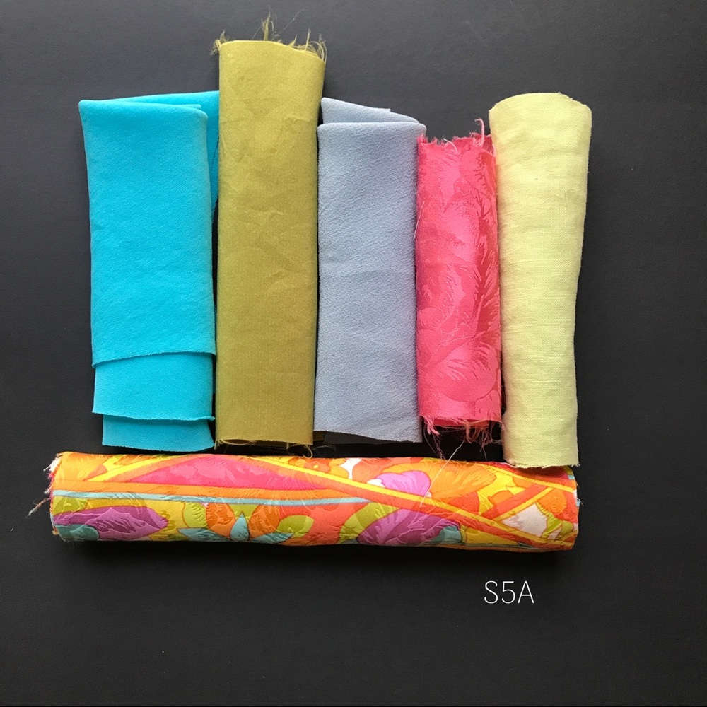6pc vintage silk and linen remnants for slow stitch or textile art and crafts